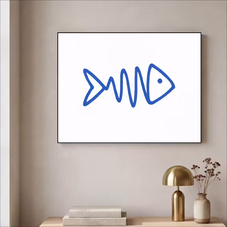 Vis - Minimalistisch - Blauw - Lijn Textielframe - compleet frame klein -sfeer2