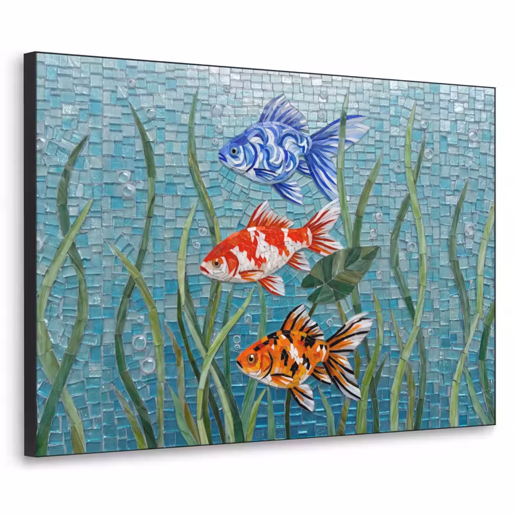 Vis - Mozaïek - Onderwater - Kleurrijk - Dieren Textielframe zwart klein -3d