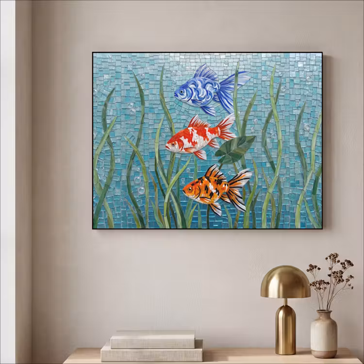 Vis - Mozaïek - Onderwater - Kleurrijk - Dieren Textielframe zwart klein -sfeer2