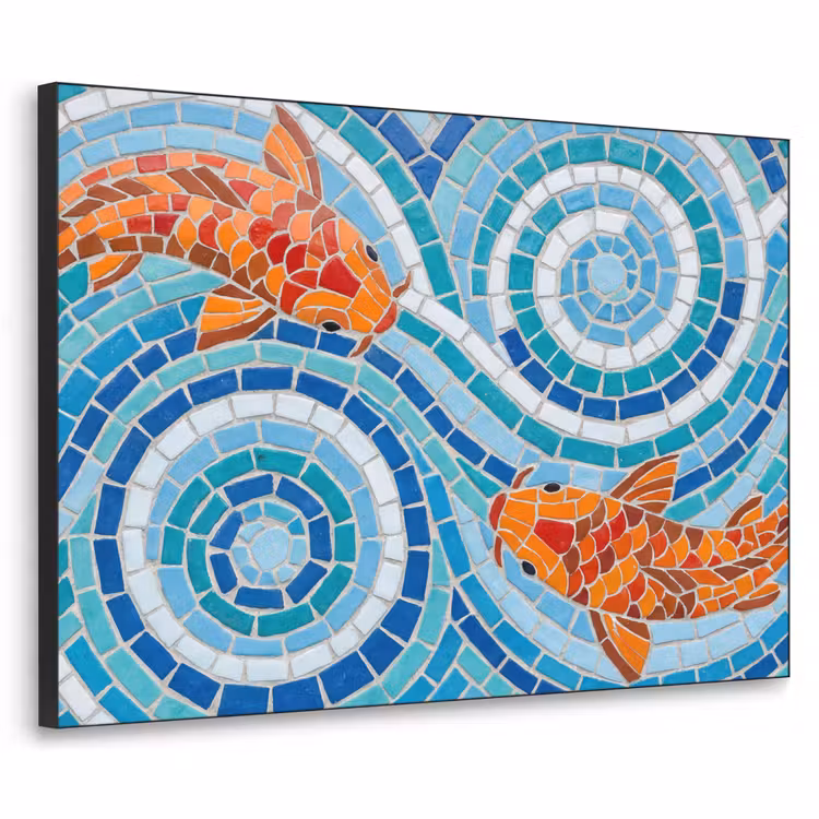 Vis - Mozaïek - Water - Decoratief - Blauw Textielframe zwart klein -3d