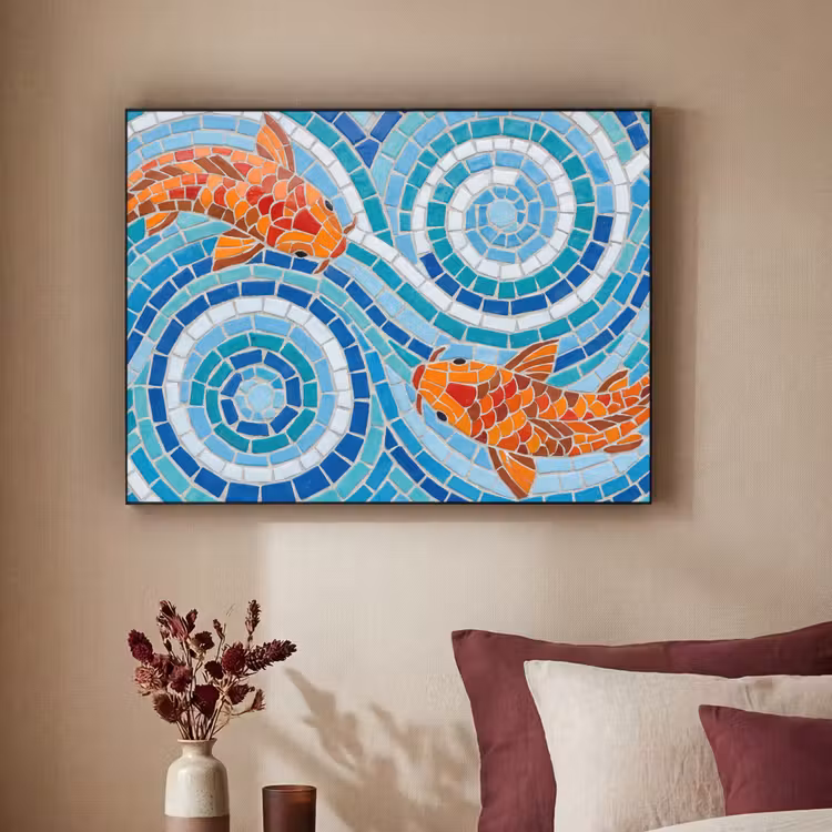 Vis - Mozaïek - Water - Decoratief - Blauw Textielframe zwart klein -sfeer1
