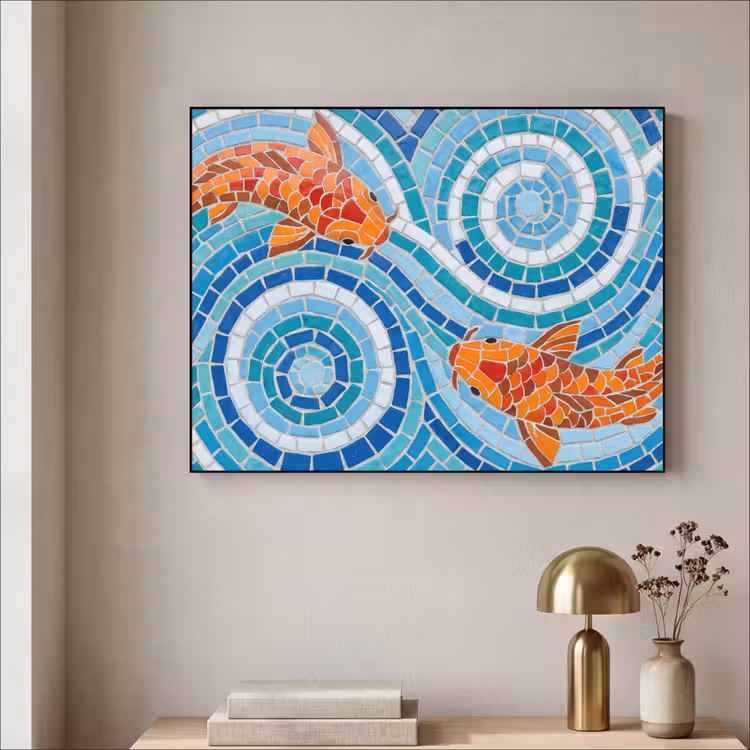 Vis - Mozaïek - Water - Decoratief - Blauw Textielframe zwart klein -sfeer2