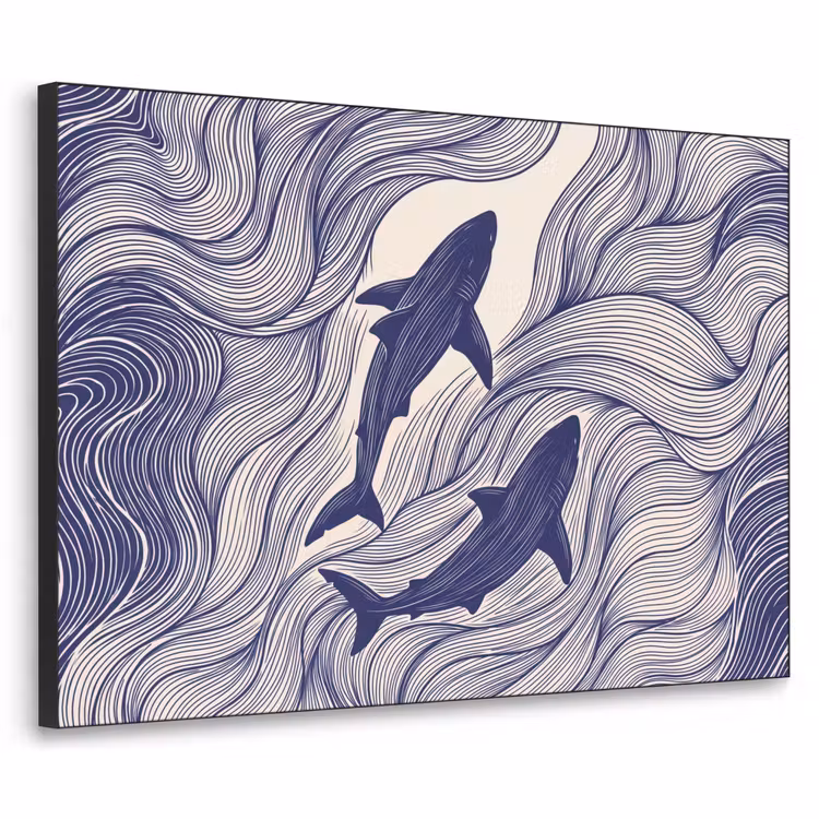 Vis - Oceaan - Lijntekening - Blauw - Dieren Textielframe zwart klein -3d