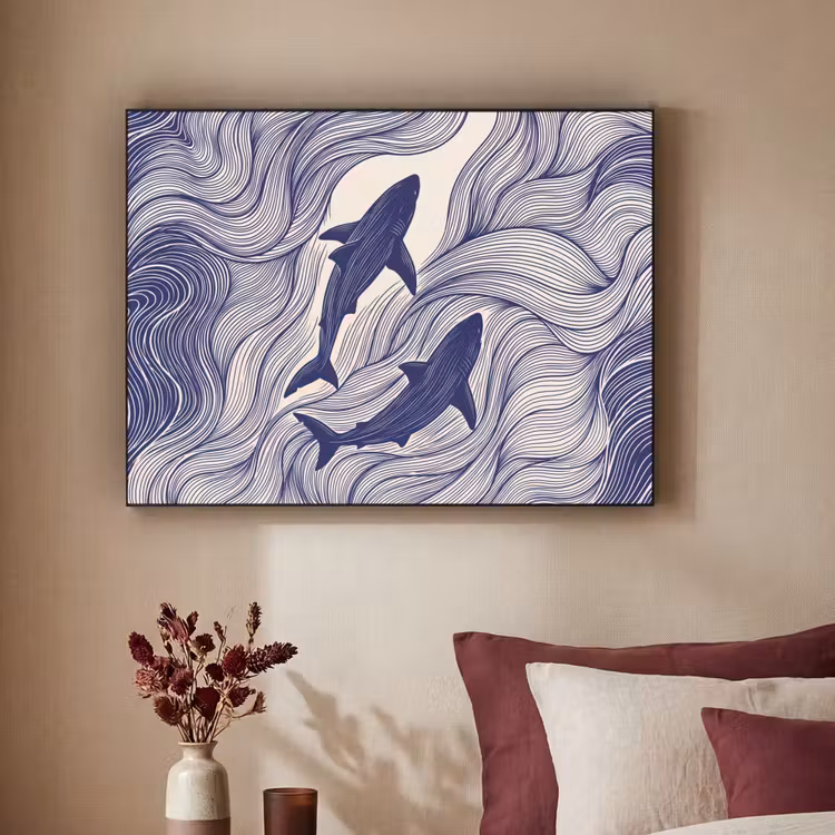 Vis - Oceaan - Lijntekening - Blauw - Dieren Textielframe zwart klein -sfeer1