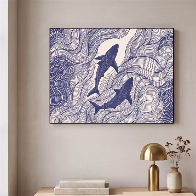 Vis - Oceaan - Lijntekening - Blauw - Dieren Textielframe zwart klein -sfeer2