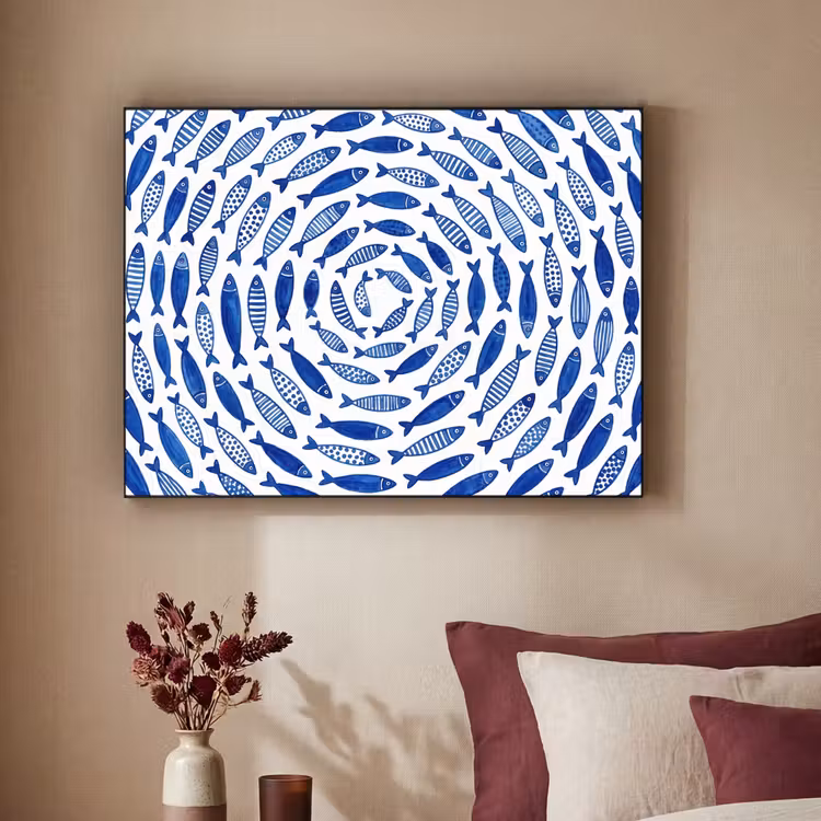 Vis - Patroon - Onderwater - Abstract - Blauw Textielframe zwart klein -sfeer1