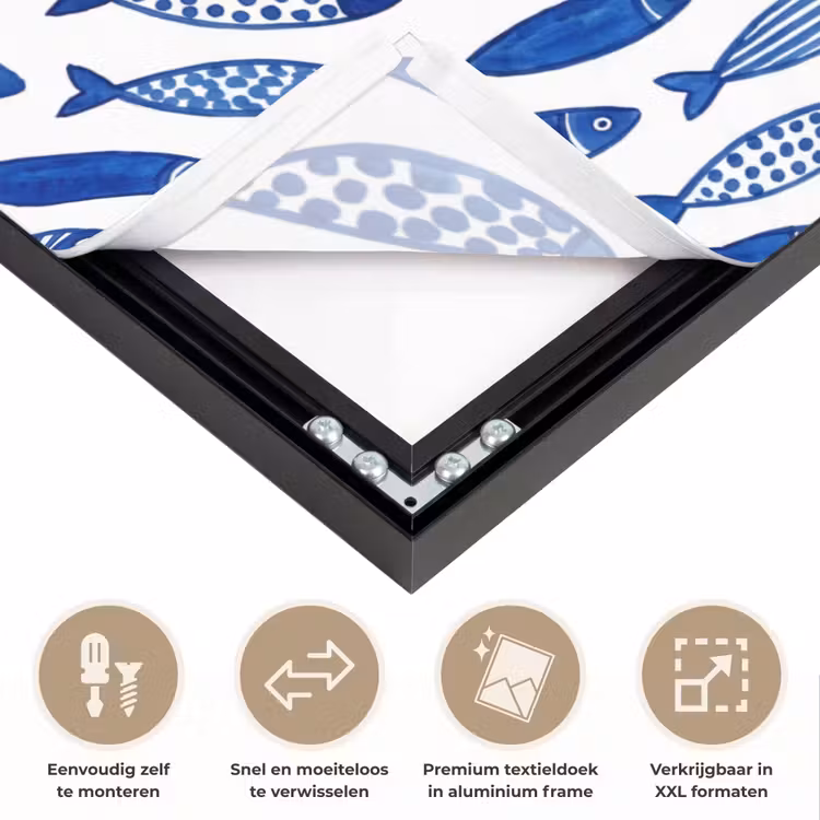Vis - Patroon - Onderwater - Abstract - Blauw Textielframe zwart klein -USP_closeupNL
