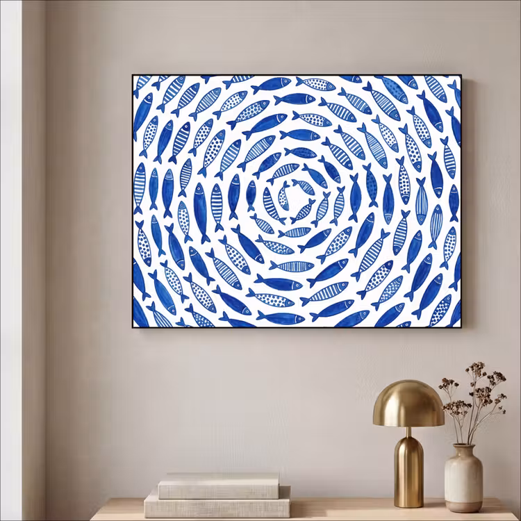 Vis - Patroon - Onderwater - Abstract - Blauw Textielframe zwart klein -sfeer2