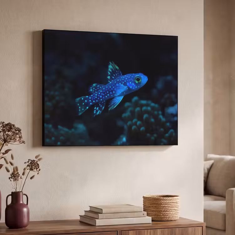Vis - Stippen - Koraal - Blauw Textielframe zwart klein -sfeer3