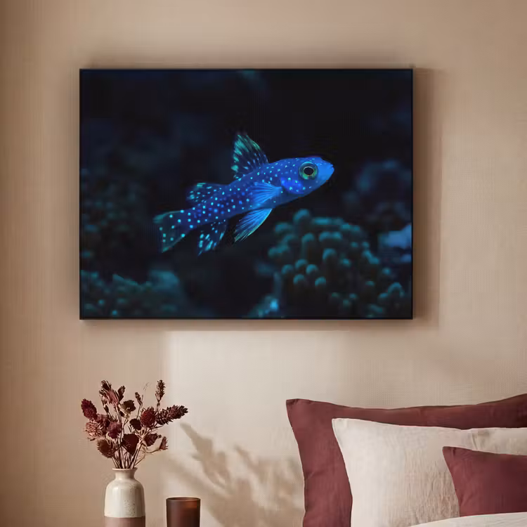 Vis - Stippen - Koraal - Blauw Textielframe zwart klein -sfeer1