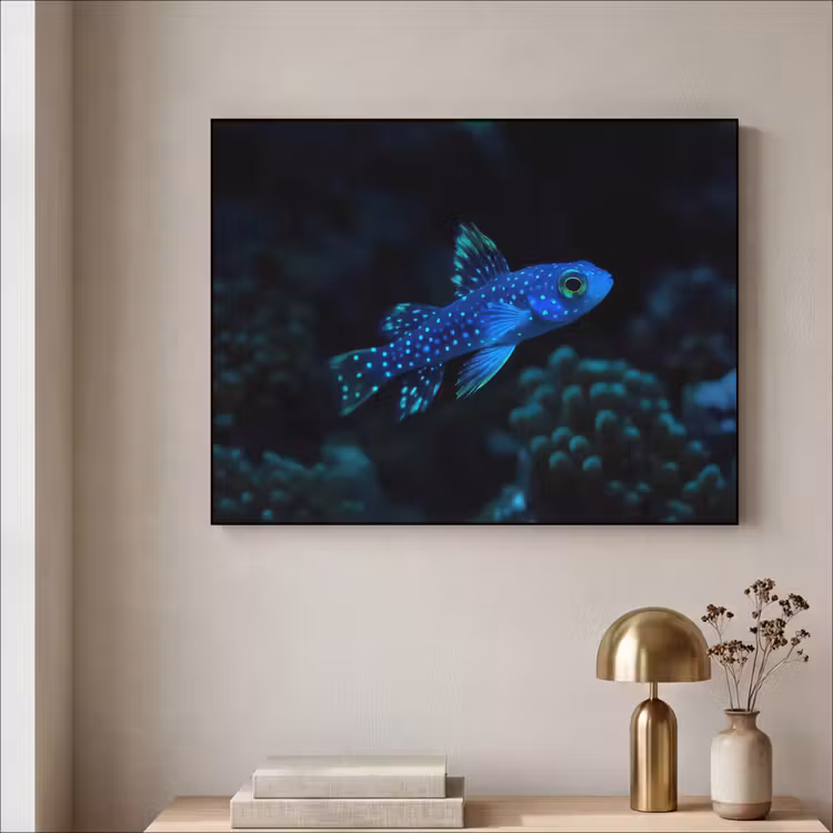 Vis - Stippen - Koraal - Blauw Textielframe zwart klein -sfeer2