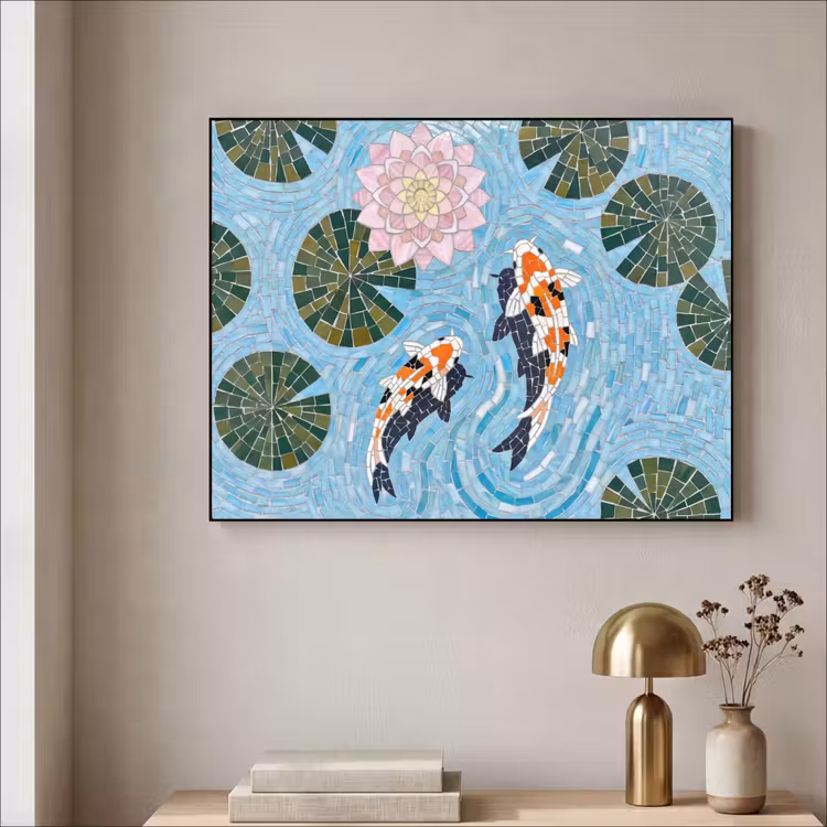 Vis - Water - Natuur - Mozaïek - Blauw Textielframe zwart klein -sfeer2