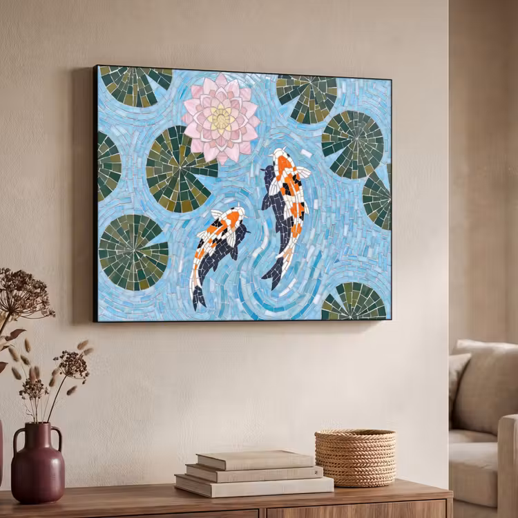 Vis - Water - Natuur - Mozaïek - Blauw Textielframe zwart klein -sfeer3