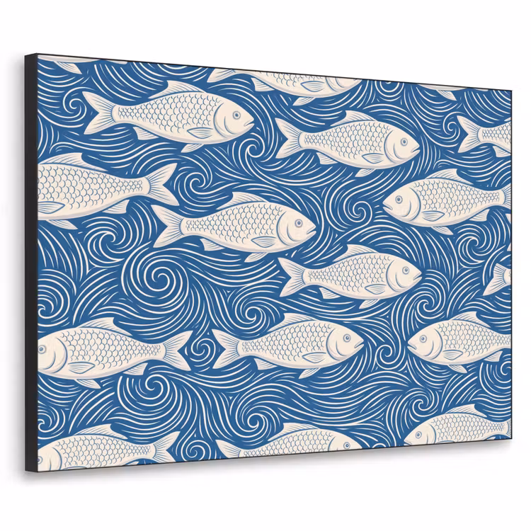 Vis - Water - Patroon - Grafisch - Blauw Textielframe zwart klein -3d