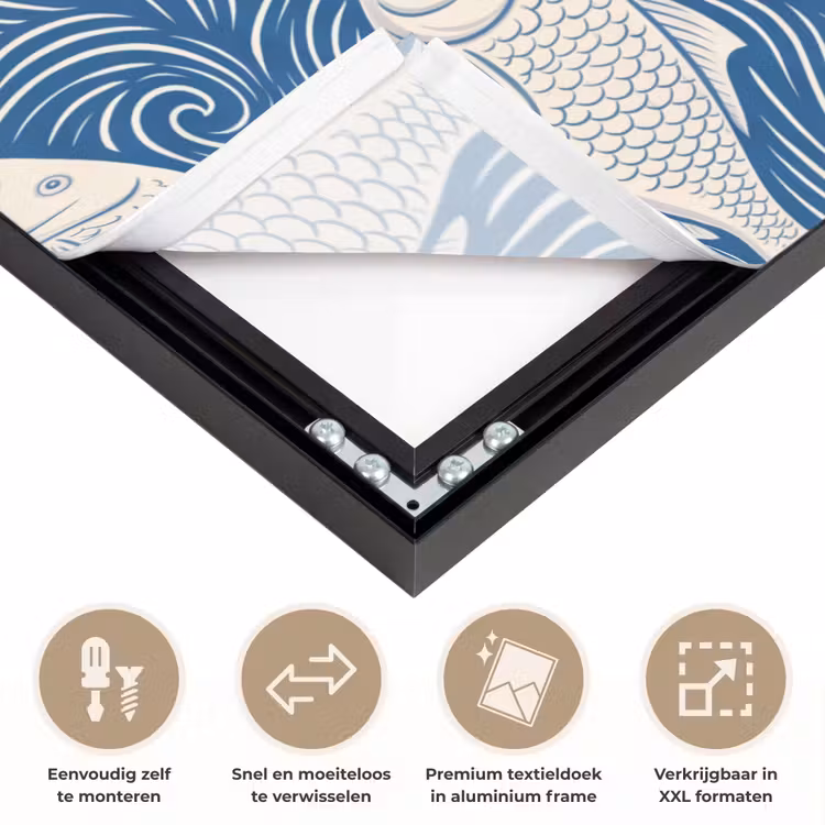 Vis - Water - Patroon - Grafisch - Blauw Textielframe zwart klein -USP_closeupNL