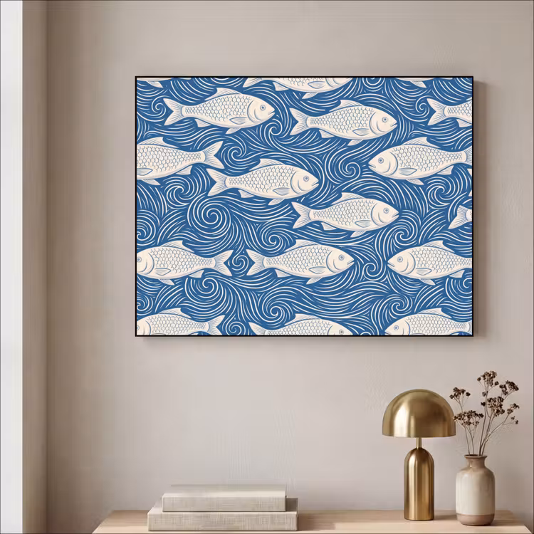 Vis - Water - Patroon - Grafisch - Blauw Textielframe zwart klein -sfeer2