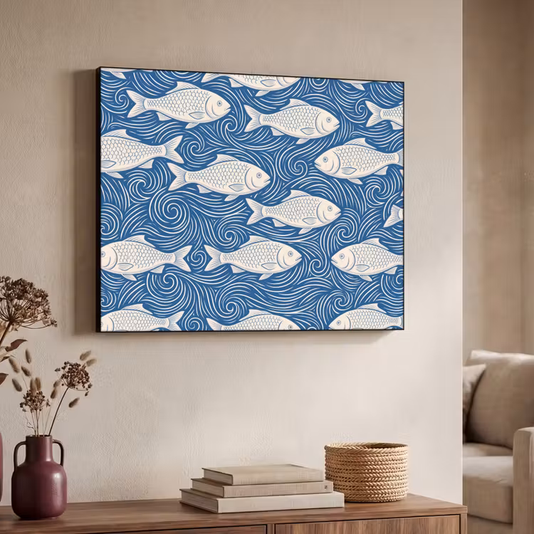 Vis - Water - Patroon - Grafisch - Blauw Textielframe zwart klein -sfeer3