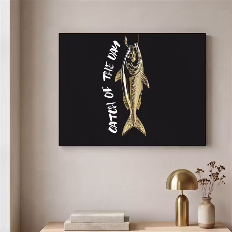 Vis - Zwart - Goud - Tekst Textielframe - compleet frame klein -sfeer2