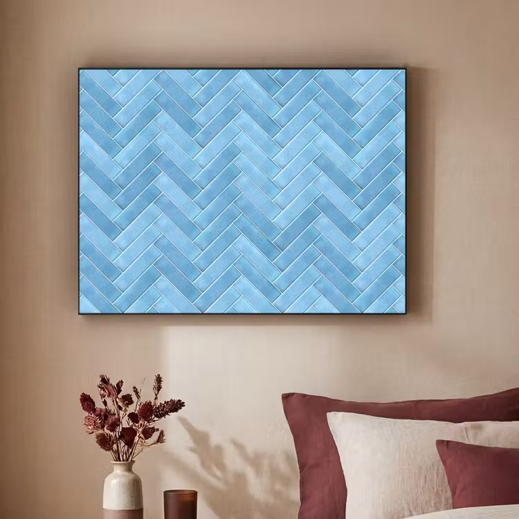 Visgraat - Wandtegel - Lichtblauw Textielframe zwart klein 947 -sfeer1
