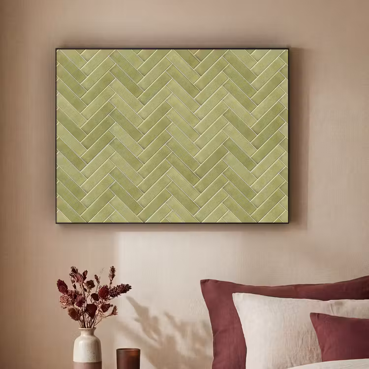Visgraat - Wandtegel - Olijfgroen Textielframe zwart klein 947 -sfeer1