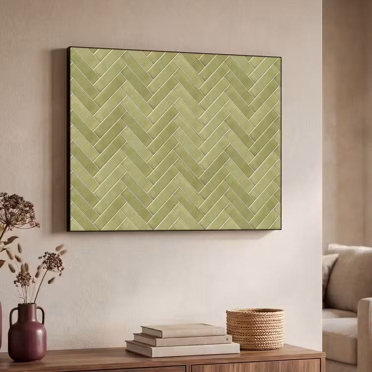 Visgraat - Wandtegel - Olijfgroen Textielframe zwart klein 947 -sfeer3