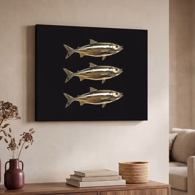 Vissen - Goud - Zwart Textielframe zwart klein -sfeer3
