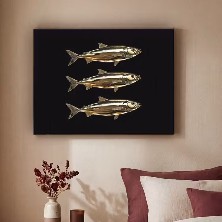 Vissen - Goud - Zwart Textielframe - compleet frame klein -sfeer1