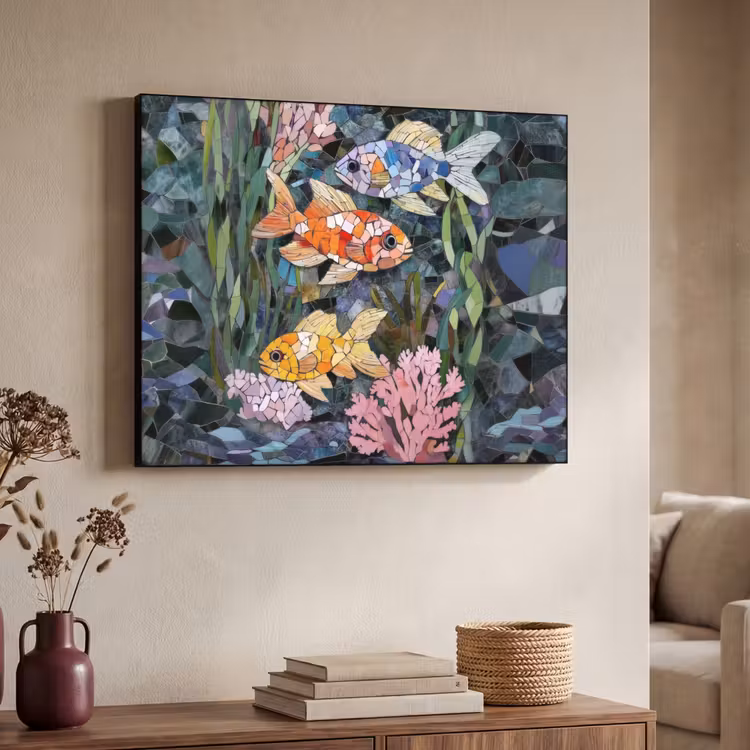 Vissen - Koraal - Zee - Mozaïek Textielframe zwart klein -sfeer3