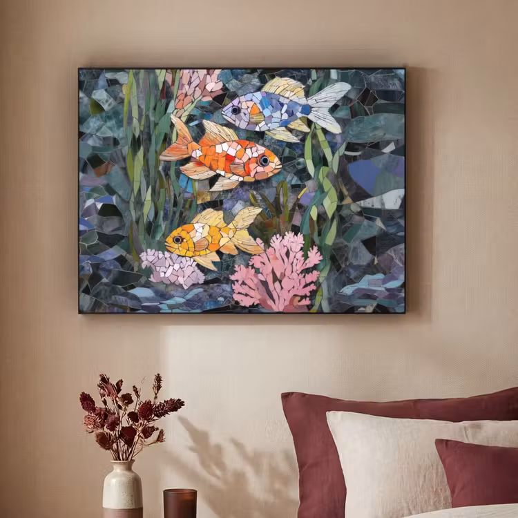 Vissen - Koraal - Zee - Mozaïek Textielframe zwart klein -sfeer1