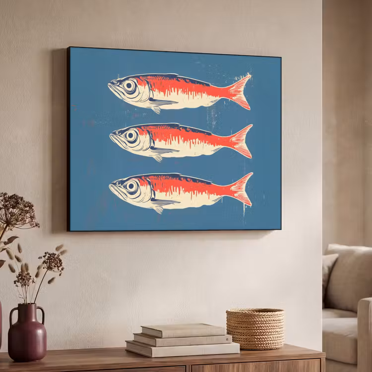 Vissen - Rood - Blauw Textielframe zwart klein -sfeer3