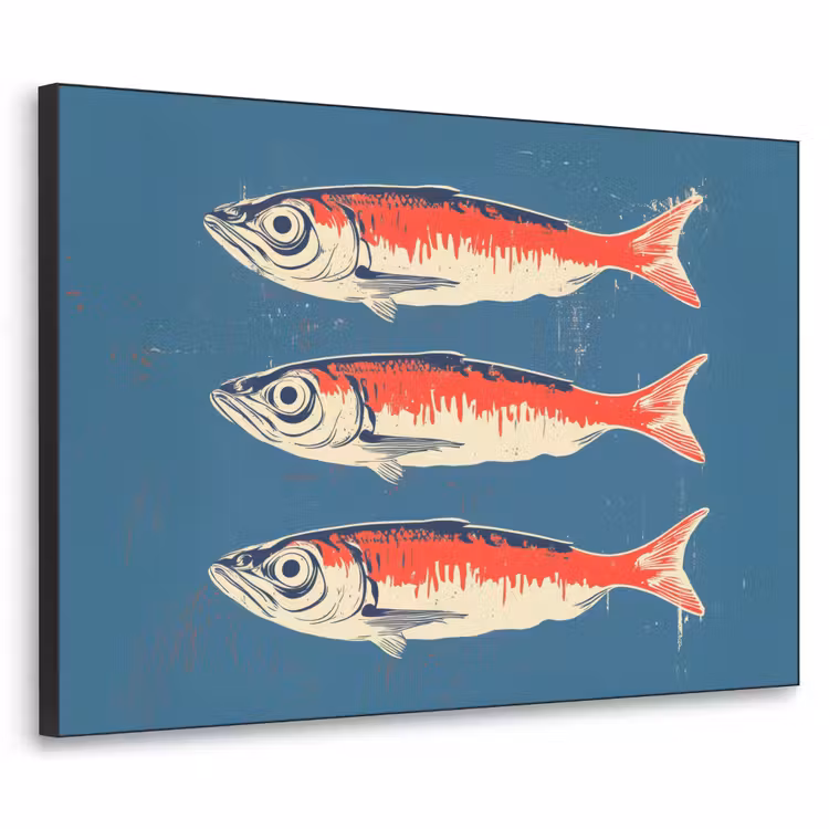 Vissen - Rood - Blauw Textielframe zwart klein -3d
