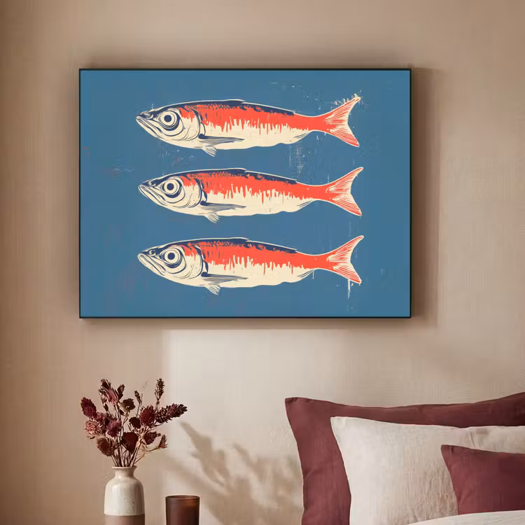 Vissen - Rood - Blauw Textielframe zwart klein -sfeer1