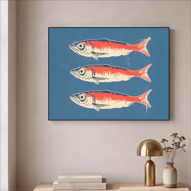 Vissen - Rood - Blauw Textielframe zwart klein -sfeer2