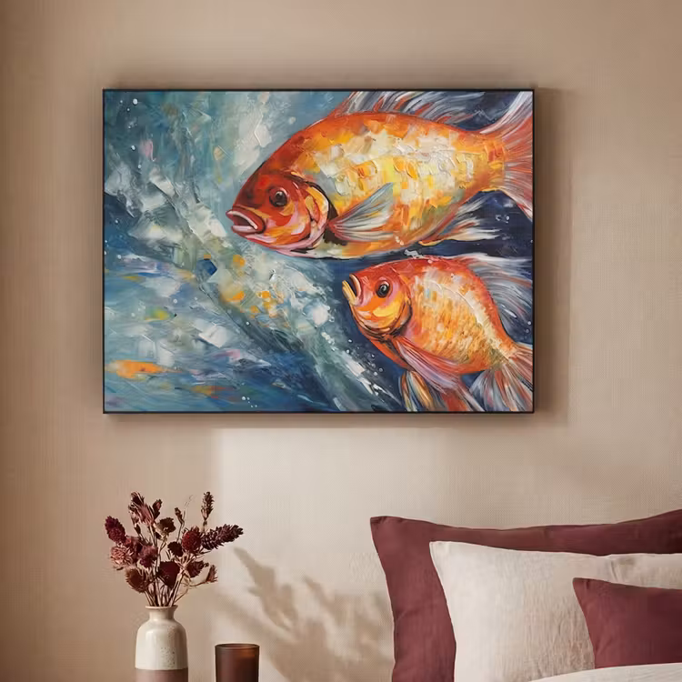 Vissen - Water - Dieren - Kunst - Olieverf Textielframe zwart klein -sfeer1
