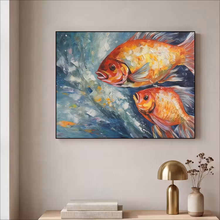 Vissen - Water - Dieren - Kunst - Olieverf Textielframe zwart klein -sfeer2