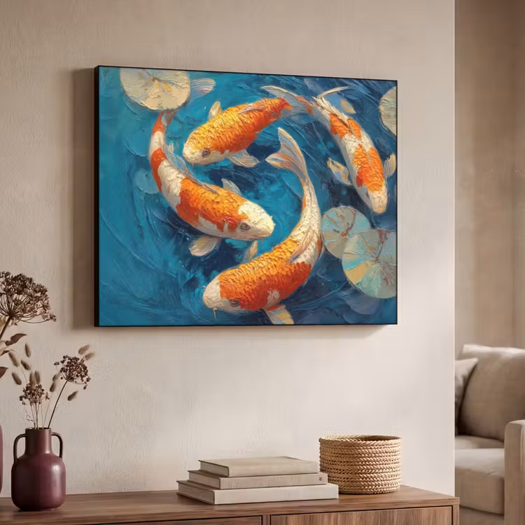Vissen - Waterlelies - Oranje - Water Textielframe zwart klein -sfeer3