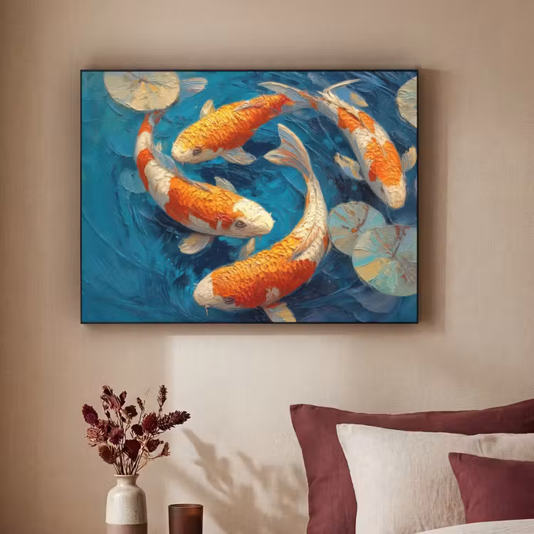 Vissen - Waterlelies - Oranje - Water Textielframe - compleet frame klein -sfeer1