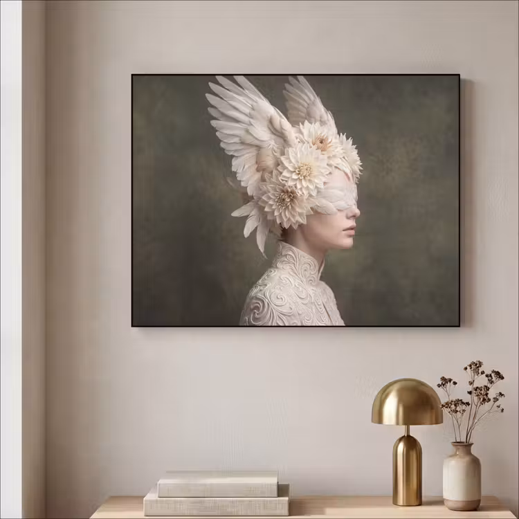 Vleugels - Vrouw - Wit Textielframe zwart klein -sfeer2