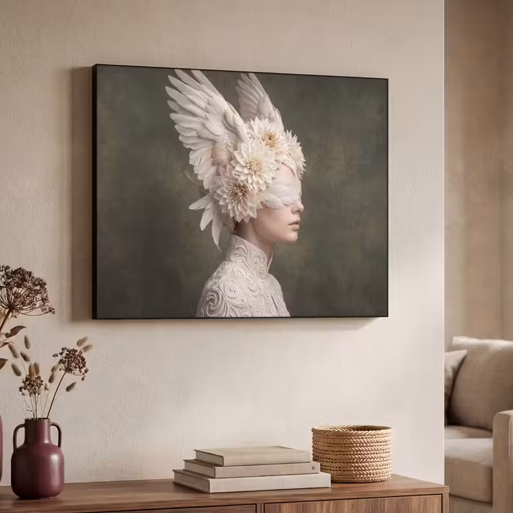 Vleugels - Vrouw - Wit Textielframe zwart klein -sfeer3