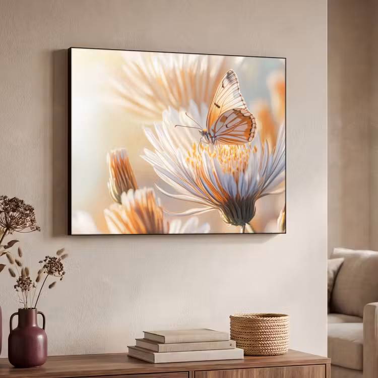 Vlinder - Bloem - Oranje Textielframe zwart klein -sfeer3