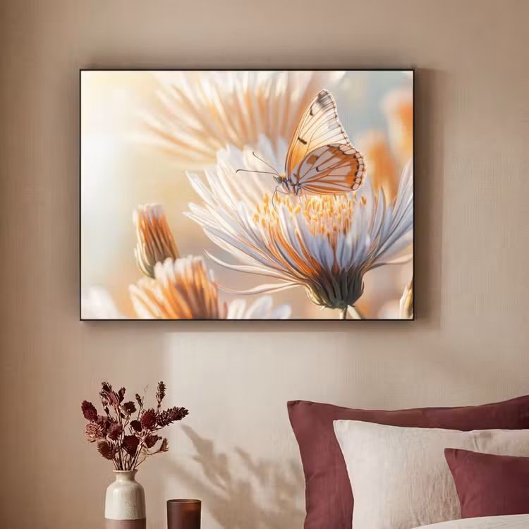 Vlinder - Bloem - Oranje Textielframe - compleet frame klein -sfeer1