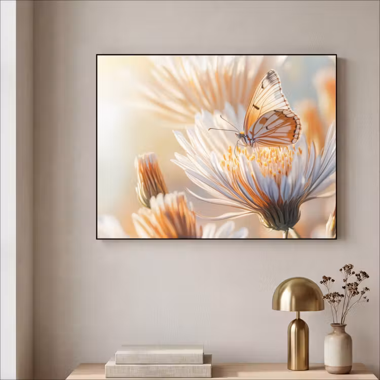 Vlinder - Bloem - Oranje Textielframe zwart klein -sfeer2