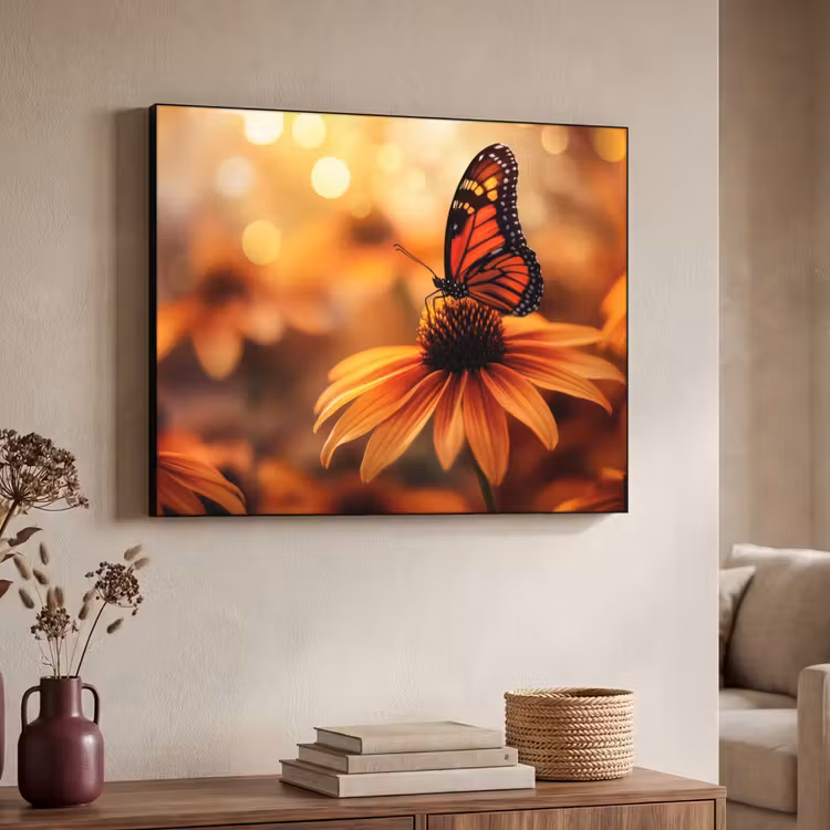 Vlinder - Bloemen - Oranje Textielframe zwart klein -sfeer3