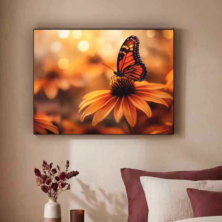 Vlinder - Bloemen - Oranje Textielframe zwart klein -sfeer1