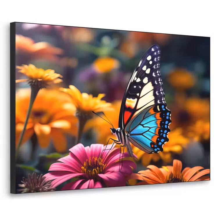 Vlinder - Dier - Kleurrijk - Bloemen - Natuur Textielframe zwart klein -3d