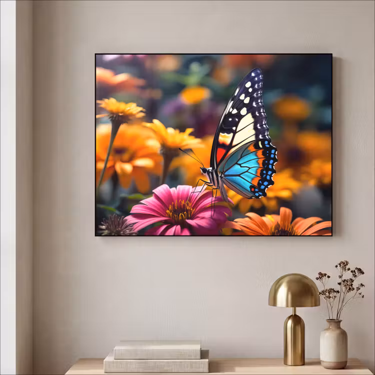Vlinder - Dier - Kleurrijk - Bloemen - Natuur Textielframe zwart klein -sfeer2