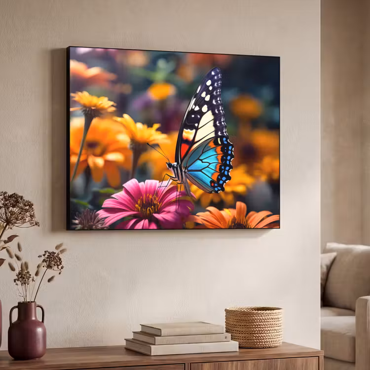 Vlinder - Dier - Kleurrijk - Bloemen - Natuur Textielframe zwart klein -sfeer3