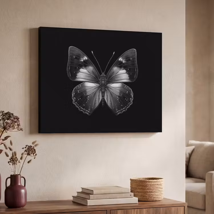 Vlinder - Grijs - Mysterieus Textielframe - compleet frame klein -sfeer3