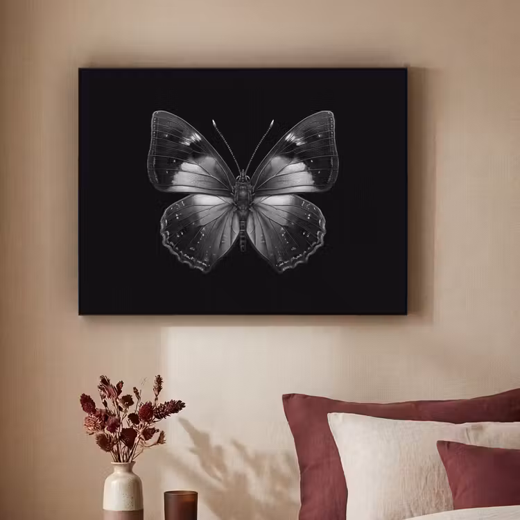 Vlinder - Grijs - Mysterieus Textielframe - compleet frame klein -sfeer1