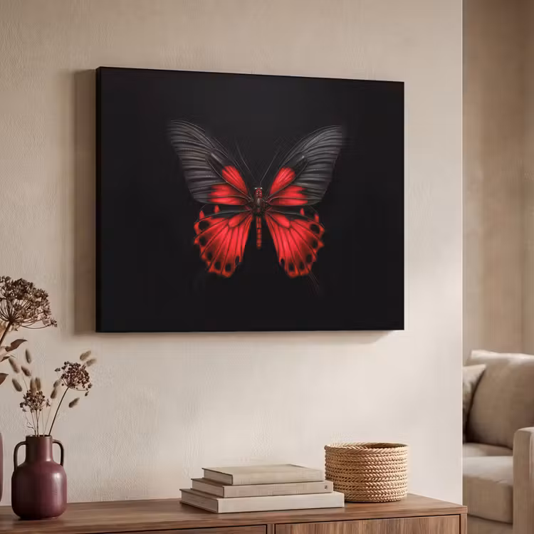 Vlinder - Rood - Contrast Textielframe zwart klein -sfeer3